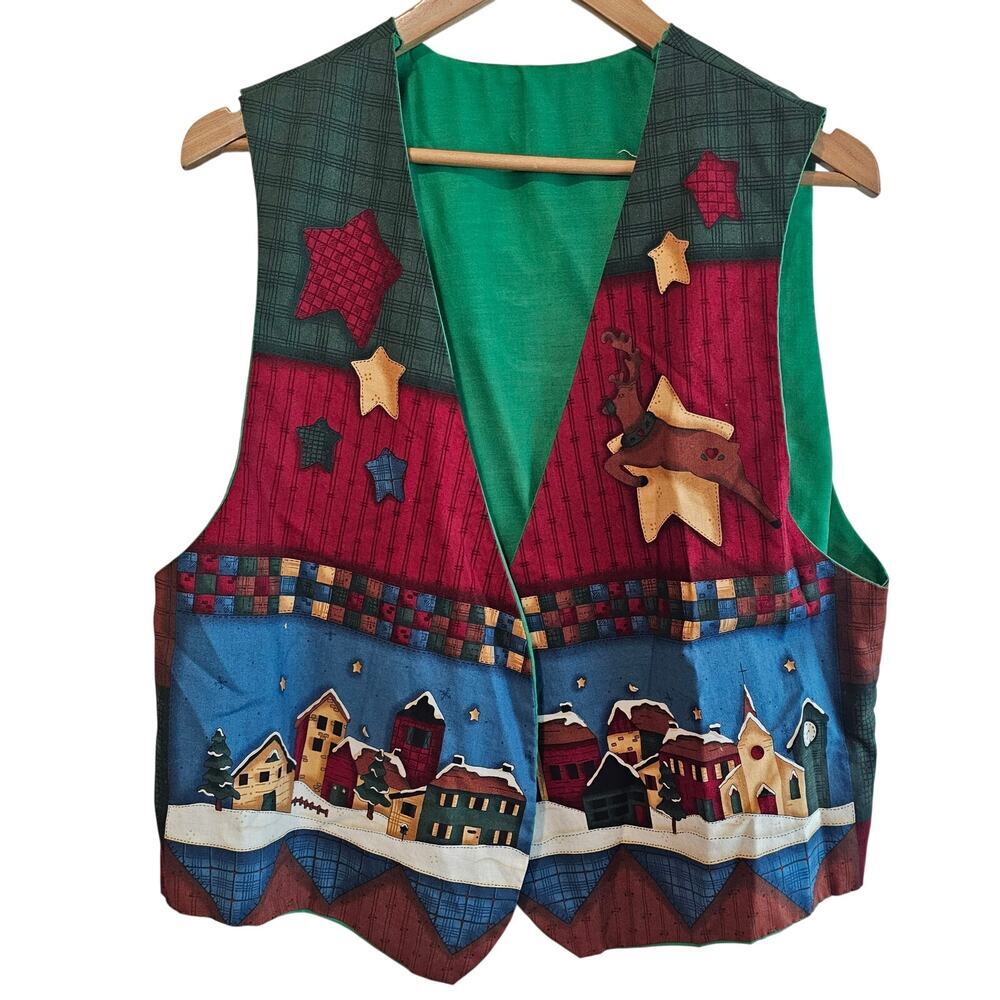 Vintage Handmade Christmas Vest Women 1X Green Patchwork Cottage Granny Santa